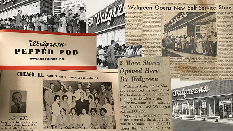 collage of photos from Walgreens opening in 1962